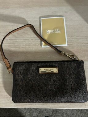 Michael Kors Dark Brown Signature Zip Wristlet with Tan Strap